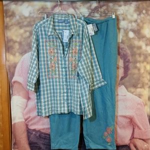 Liz & Me 4X Plaid Blouse/Knit Pant Set NWT